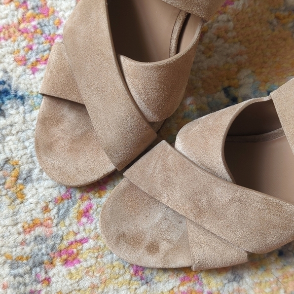 Vince Farrah Suede Leather Criss Cross Open Toe Stacked Block Heel Sandals Tan 9 - Picture 3 of 15